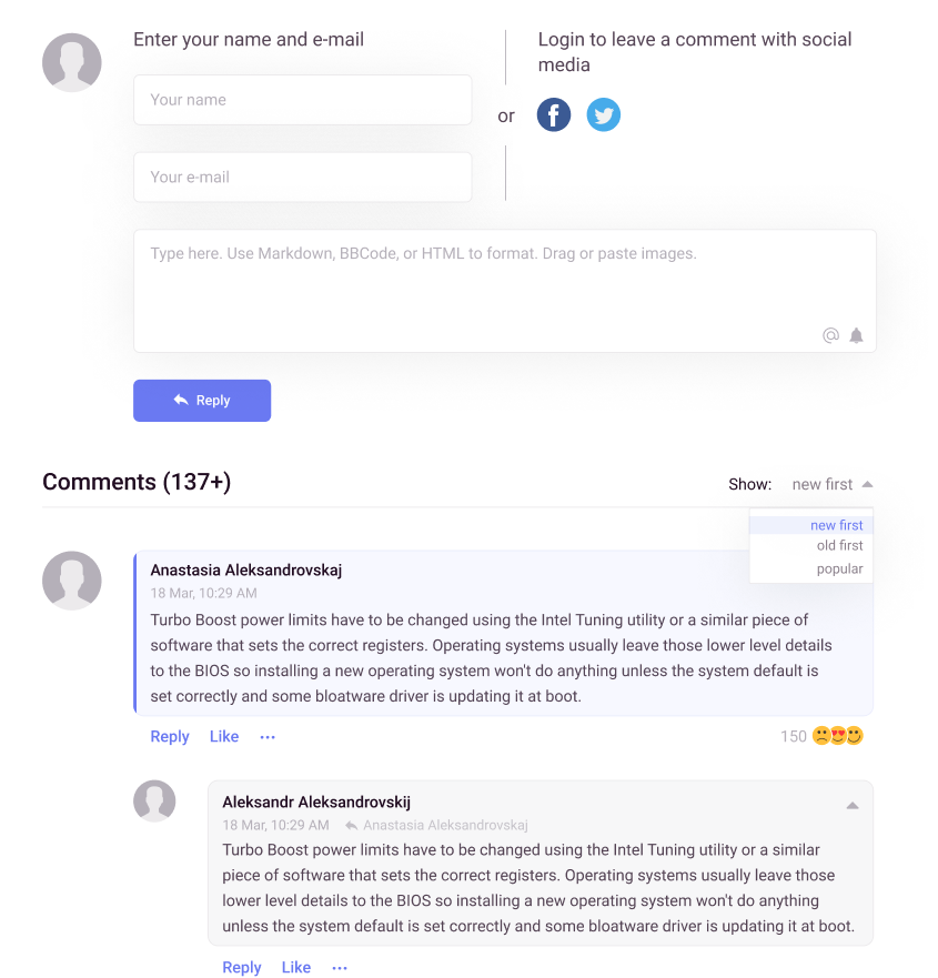 justcommentscom's tweet photo. Check out the new #visual #design for our #comment widget. You could also spot some new cool features like reactions with #emoji and sorting options. #justcomments https://t.co/X13KzVOPLe