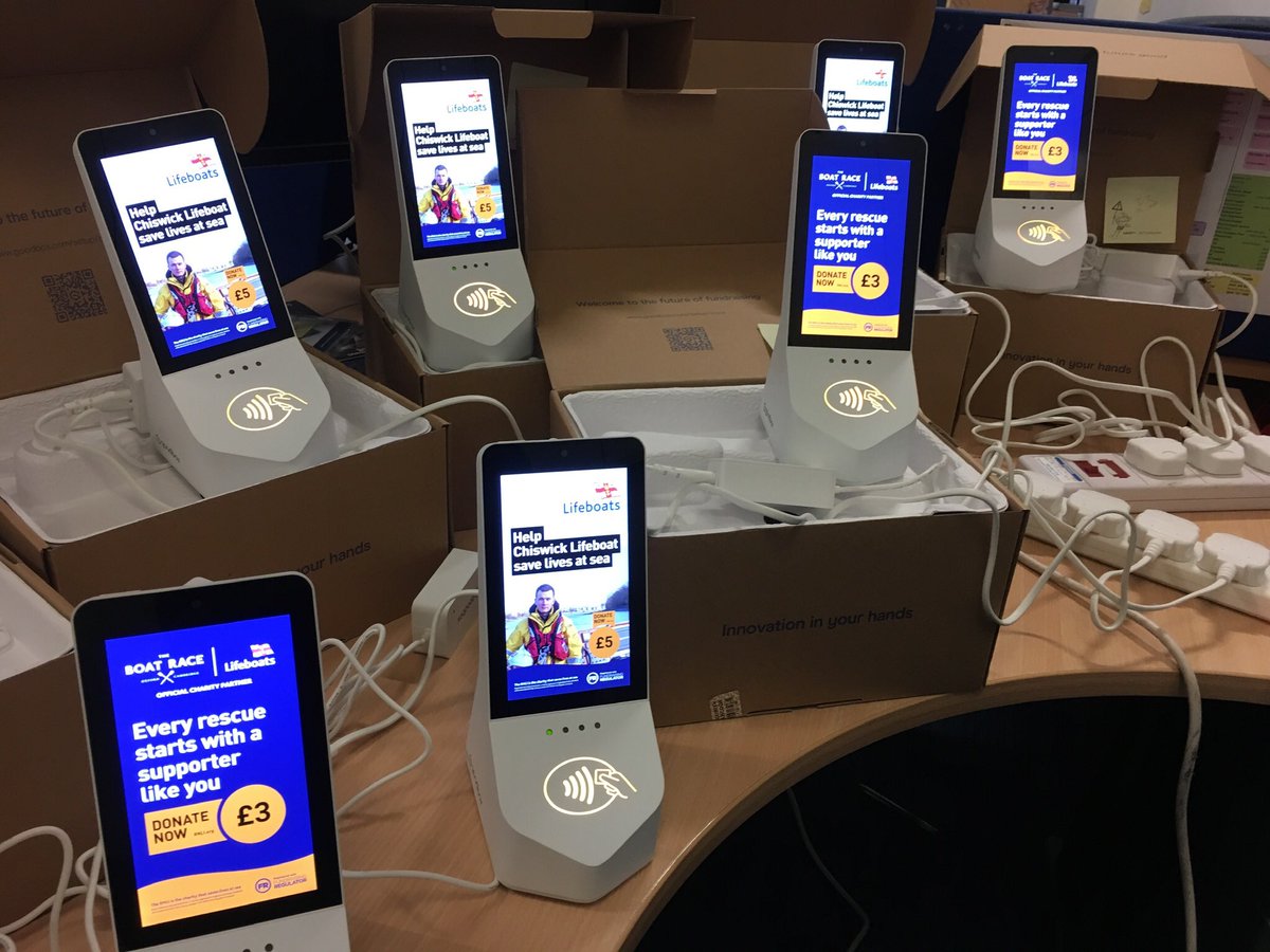 mpkwilson's tweet photo. RNLI is Official Charity Partner of #TheBoatRace2019.  Testing @_GoodBox contactless donation units to raise funds for @ChiswickRNLI, keeping people safe on the Thames all year round. https://t.co/K4uoZb1t9N