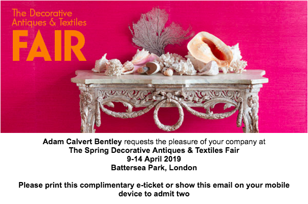 adamcbentley's tweet photo. The Spring Decorative fair is upon us - join me at Battersea from 12pm on Tuesday 9th until Sunday 14th April with this free ticket and discover a world of decorative treasures from me and 150 other dealers &amp; decorators - https://t.co/ezMZjKrU8n https://t.co/vfrASXBTOI