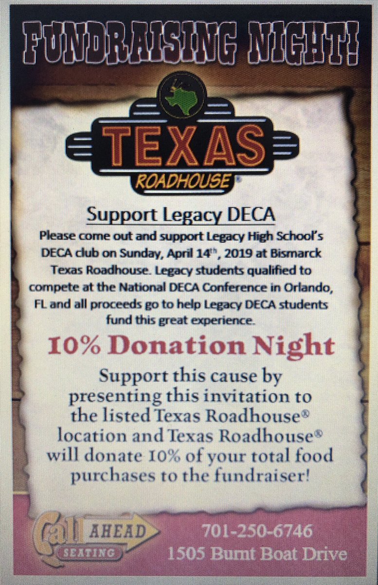 LegacyHighDECA's tweet photo. We are one week away from our T-Roadhouse donation night! Show this picture on Sunday, April 14th from 4-10pm and don’t forget to stop by our bake sale at the front of the restaurant! https://t.co/pXQxeP1Hl5