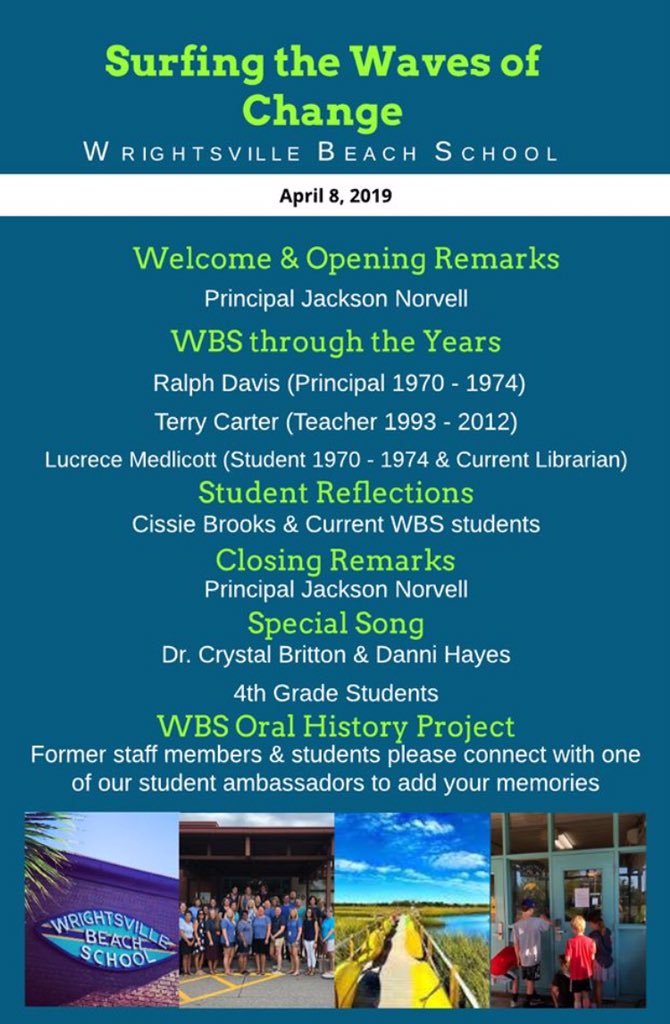 Please join us on Monday, April 8th at 1:00 PM for Surfing the Waves of Change. The event will be held on the front lawn of the school and overflow parking will be available at both Wrightsville Beach Baptist and Wrightsville Beach Methodist churches.