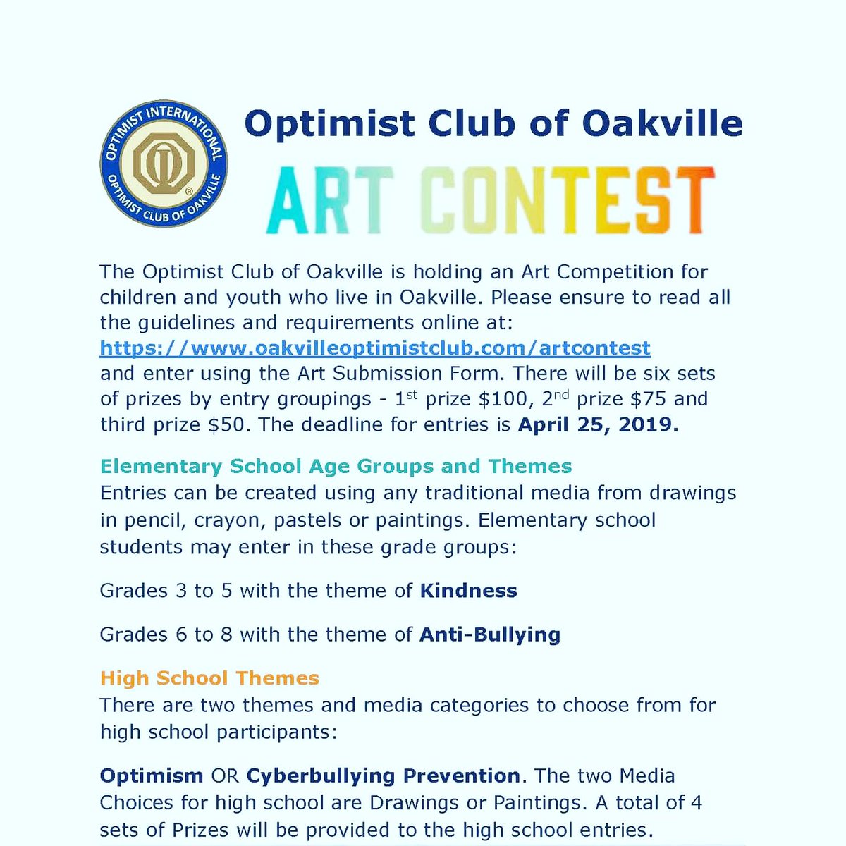 Fun project with cash prizes for children Grades 3 to 5, Grades 6 to 8  or youth in  high school. Draw or paint to enter the Optimist Art Contest. Details on attached poster.