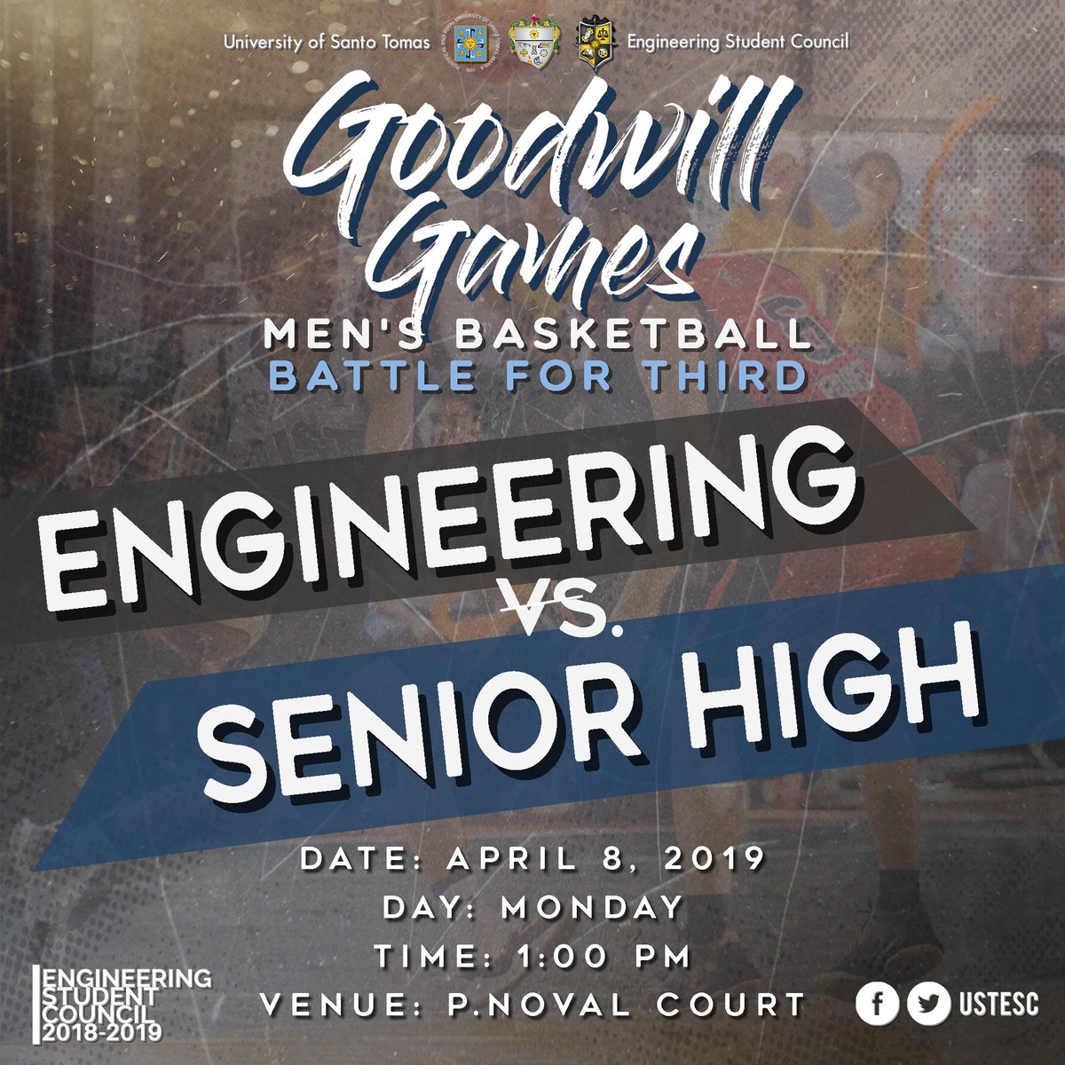USTESC's tweet photo. The battle continues as our very own Engineering Men's Basketball Team go against the Senior High School for the third spot! Fill the P. Noval Court with your loudest EN-GI-NEE-RING cheer tomorrow (April 8, 2019) at 1PM! See you all there!

#ENGGPride
#VivaInhinyeria
#TGG2019 https://t.co/zPj2aH4dQN