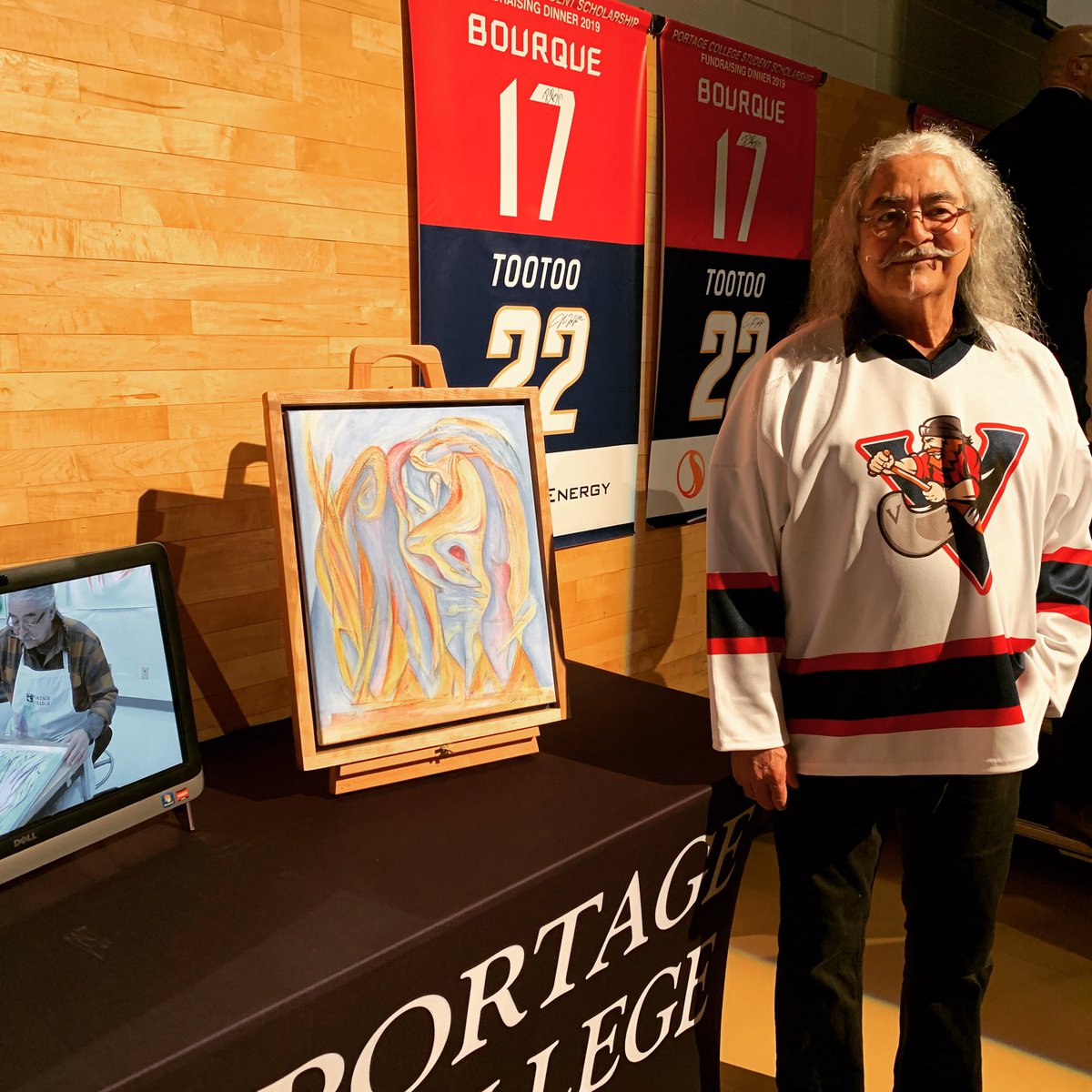 PC_MOAPAA's tweet photo. Great evening at our student scholarship dinner. #josephmsanchez #painting sold for $4100 to help support student funding and artist and athletes got to meet. #tenebourque #jordintootoo #portagecollege #MOAPAA https://t.co/XGZVW95Q0e