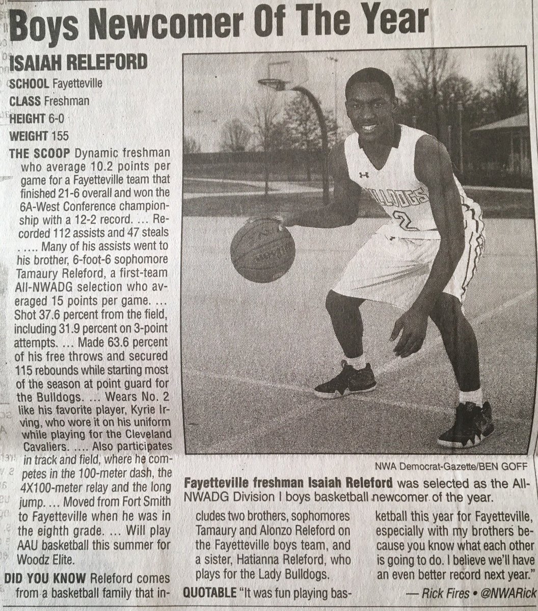 Congratulations to <a href="/RelefordIsaiah/">isaiah releford</a> on being named <a href="/nwademgaz/">NWA Democrat-Gazette</a> “Boys Newcomer of the Year!” #purple #GoDogs