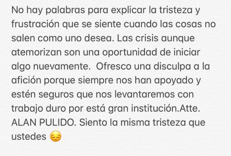 Esta fue la carta de Alan Pulido posterior a la derrota ante Lobos BUAP