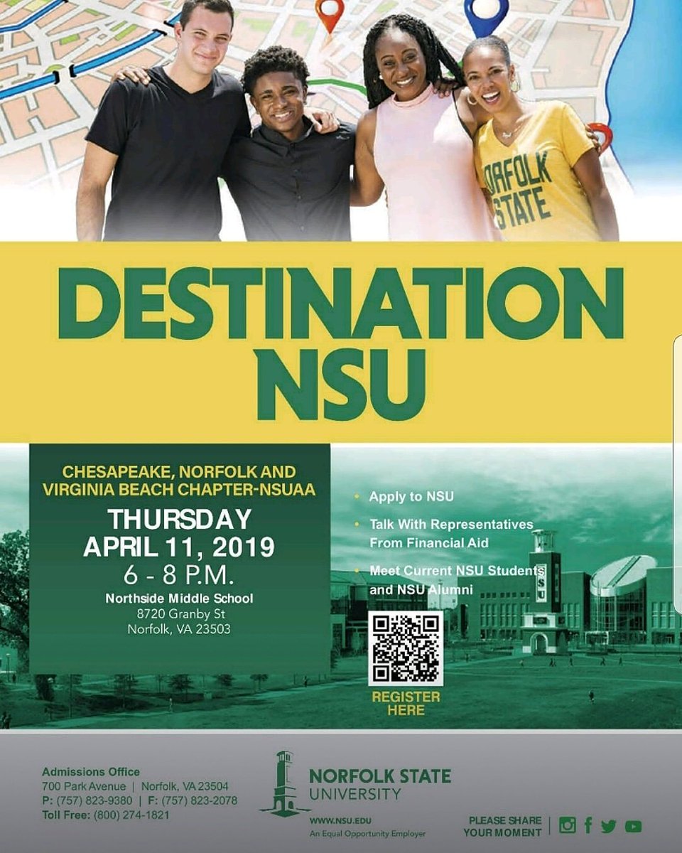 ChesapeakeNsuaa's tweet photo. 🗣 CALLING ALL COLLEGE BOUND STUDENTS: Join the Alumni Association on April 11th - we are bringing Admissions and Financial aid to you! 6p - 8p at Northside Middle School in Norfolk, VA. See you there! https://t.co/ik5T3QhAk4