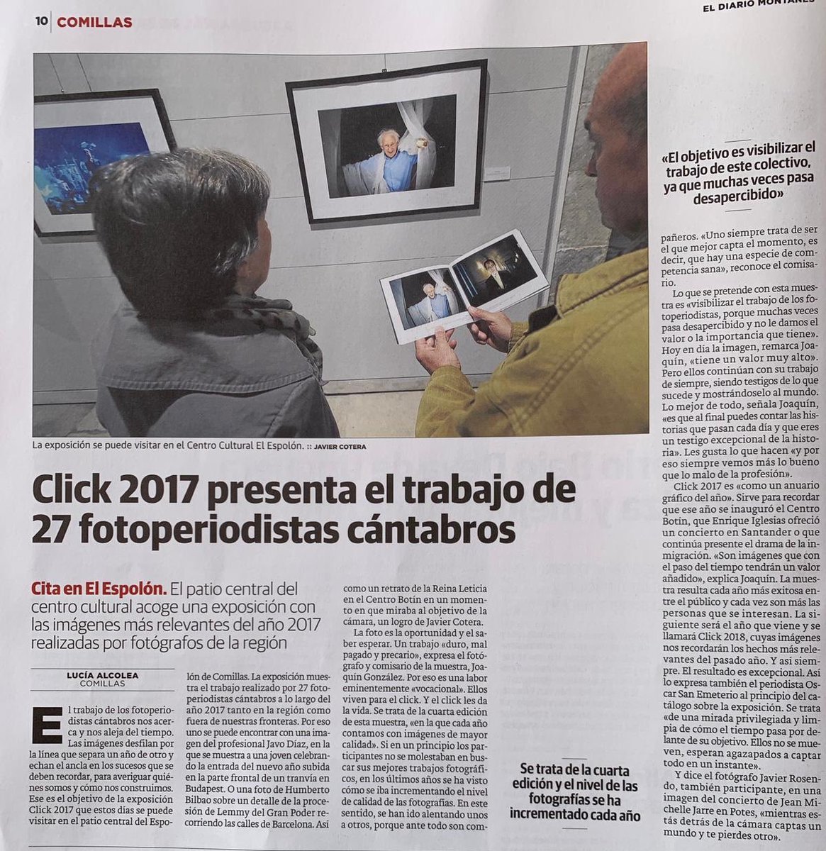CLICK20FOTO's tweet photo. Hoy domingo la edición regional de @dmontanes habla de nuestra #exposicion #click2017 en el Centro Cultural El Espolón de #comillas con un estupendo reportaje de @lualcolea que podéis visitar hasta el próximo 3 de mayo #fotoperiodismo @ComillasTurismo https://t.co/HSdqTXu4D7