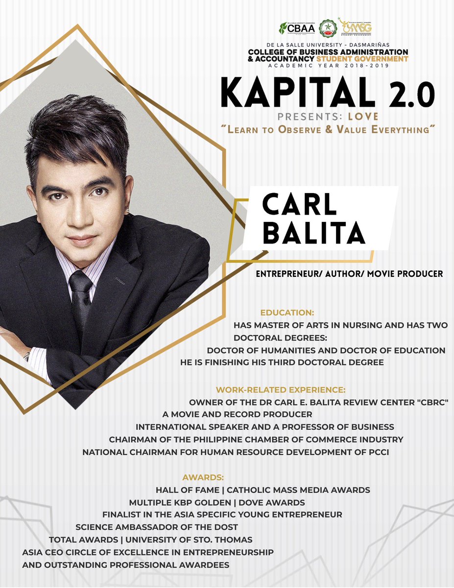 DLSUDCBAASG's tweet photo. Get to know more about our speakers for KAPITAL 2.0 Presents LOVE: Learn to Observe and Value Everything!
#KAPITALXLOVE
#CBAATranscend https://t.co/YG6X5ojZ5e