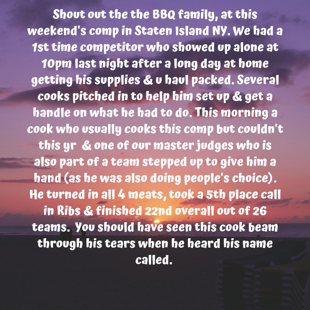 KCBBQSOCIETY's tweet image. An uplifting account from one of our Judges, Nancy Muller from a comp this weekend. BBQ is more than just a style of food. It is a lifestyle, a mind set, and most importantly, a family #bbqlife