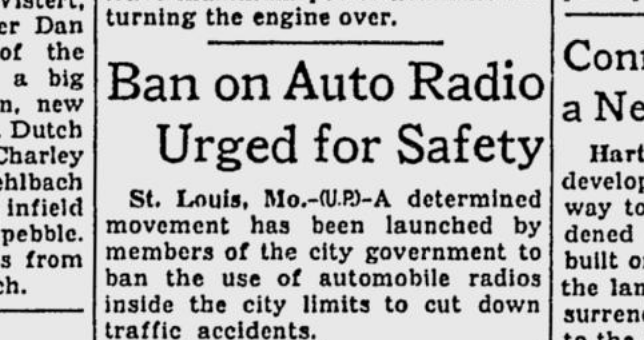 PessimistsArc's tweet photo. In 1936 lawmakers tried to make it illegal to have the radio on in your car (1936) https://t.co/uqGDBml5vb https://t.co/IIarW6VHC8