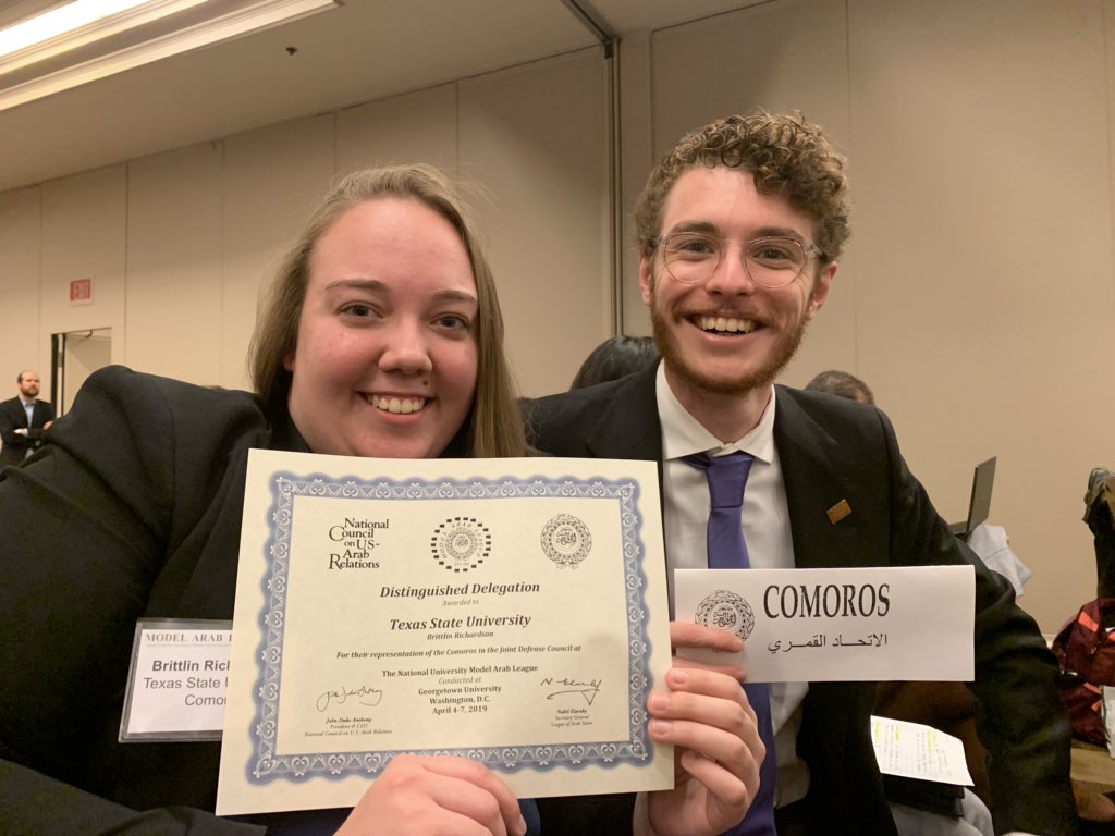 TXSTMAL's tweet photo. Second award of the day! @GeoffroSloan and @brittlin_r took home a distinguished delegation award for their hard work on the Joint Defense Council  #Numal2019 #TXST https://t.co/AbS6LREK2V