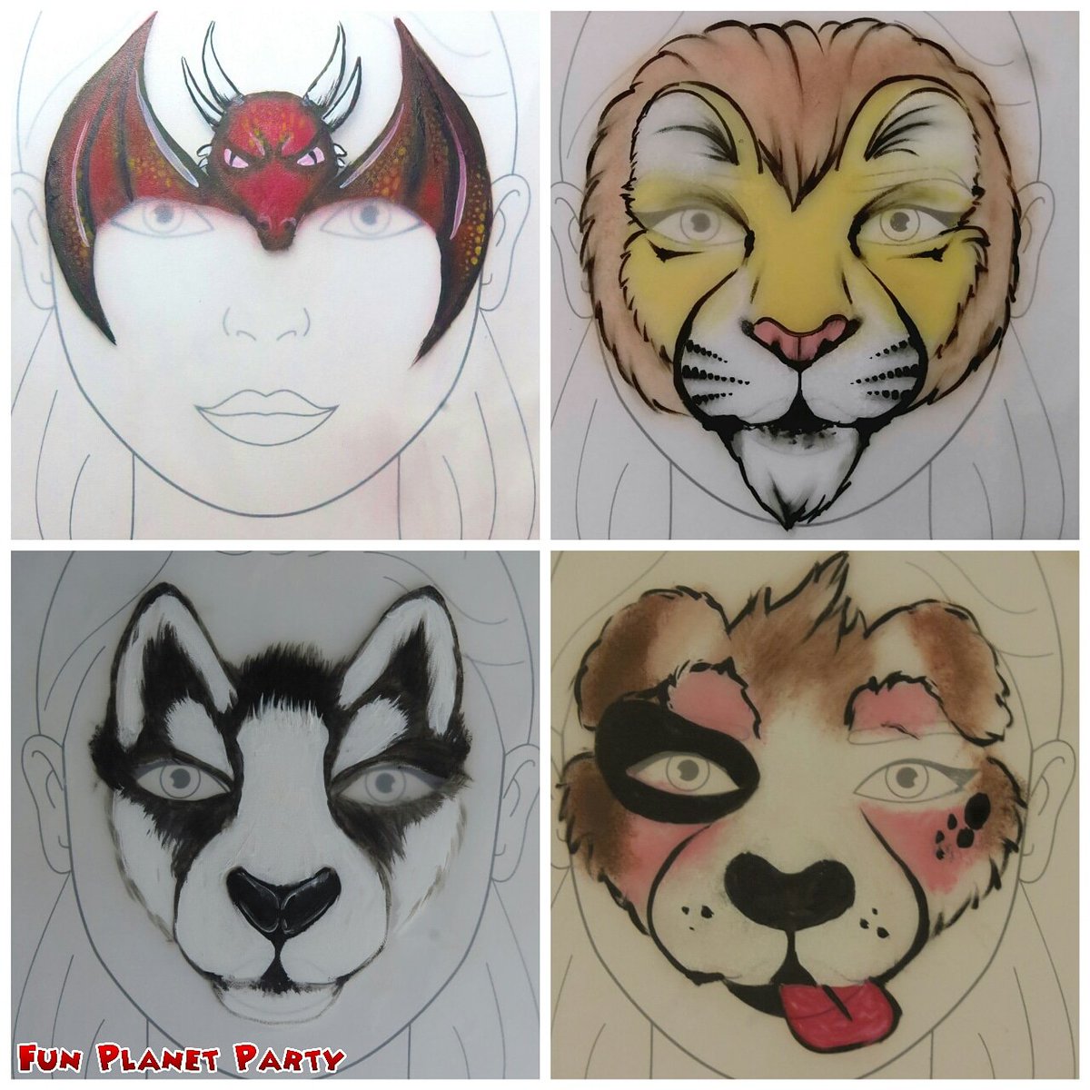 FunPlanetParty's tweet photo. Designs on a @sallyannlynchttandt practice board.
Designs from the
#internationalfacepaintingschool
. 
#facebodyart #intfps #practiceboard #dragondesign #liondesign #dogdesign #huskydesign #pintacaras #pintacaritas #facepainting #pintacarasbcn #barcelona #penedes #funplanetparty https://t.co/A2URE5kctG