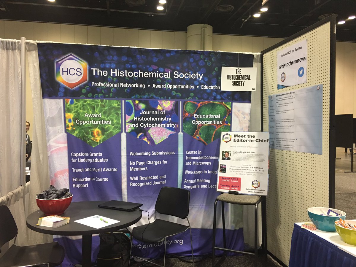 KateTubbesing's tweet photo. At HCS booth. Come and tell us what special stain you are!! Find out about our society and journal. Perfectly located near a coffee cart 😀@histochemnews @ASBMB #HCS_EB2019 https://t.co/P3qknXDKho