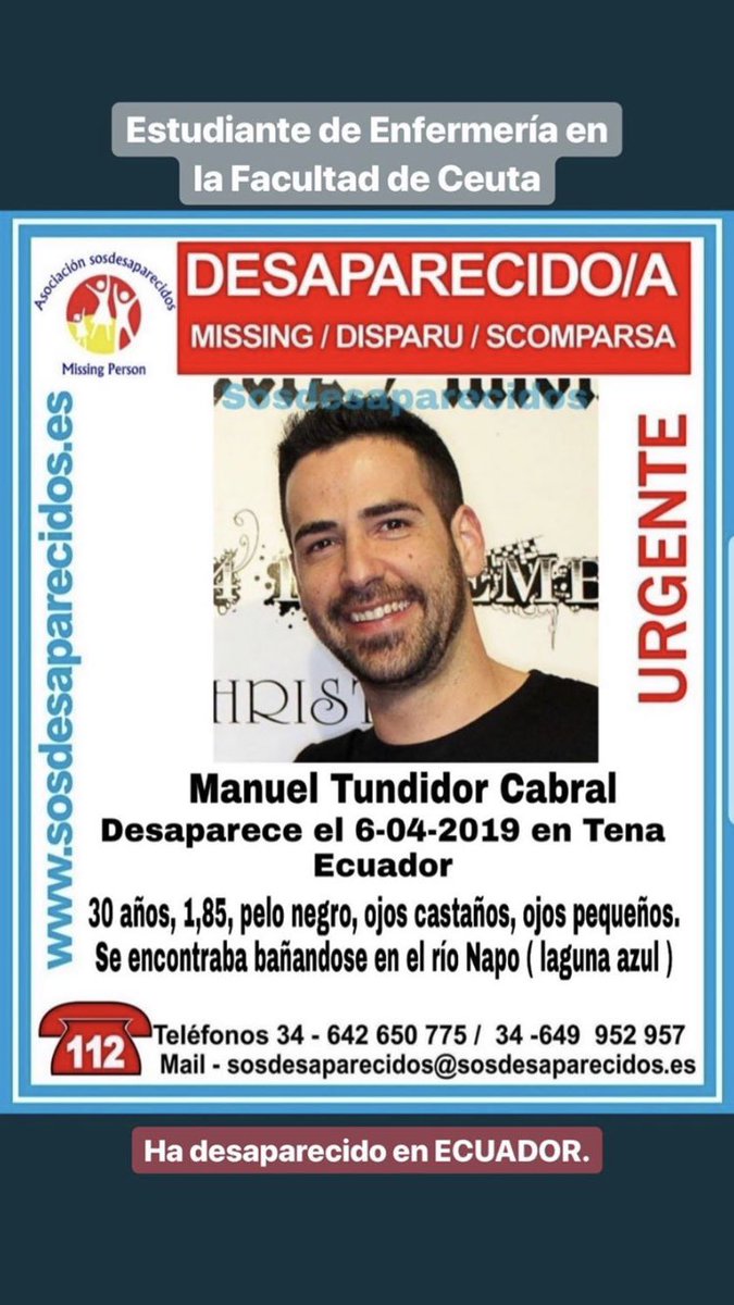 mburgos7's tweet photo. El gaditano #ManuelTundidor ha desaparecido en #LagunaAzul #Ecuador, donde realiza prácticas de enfermería con @CanalUGR. Rogamos a @desdelamoncloa @JosepBorrellF que intercedan con el Gob. ecuatoriano en su búsqueda para poner fin a la angustia de su familia #SOSManuelTundidor https://t.co/M3xkmwCy52