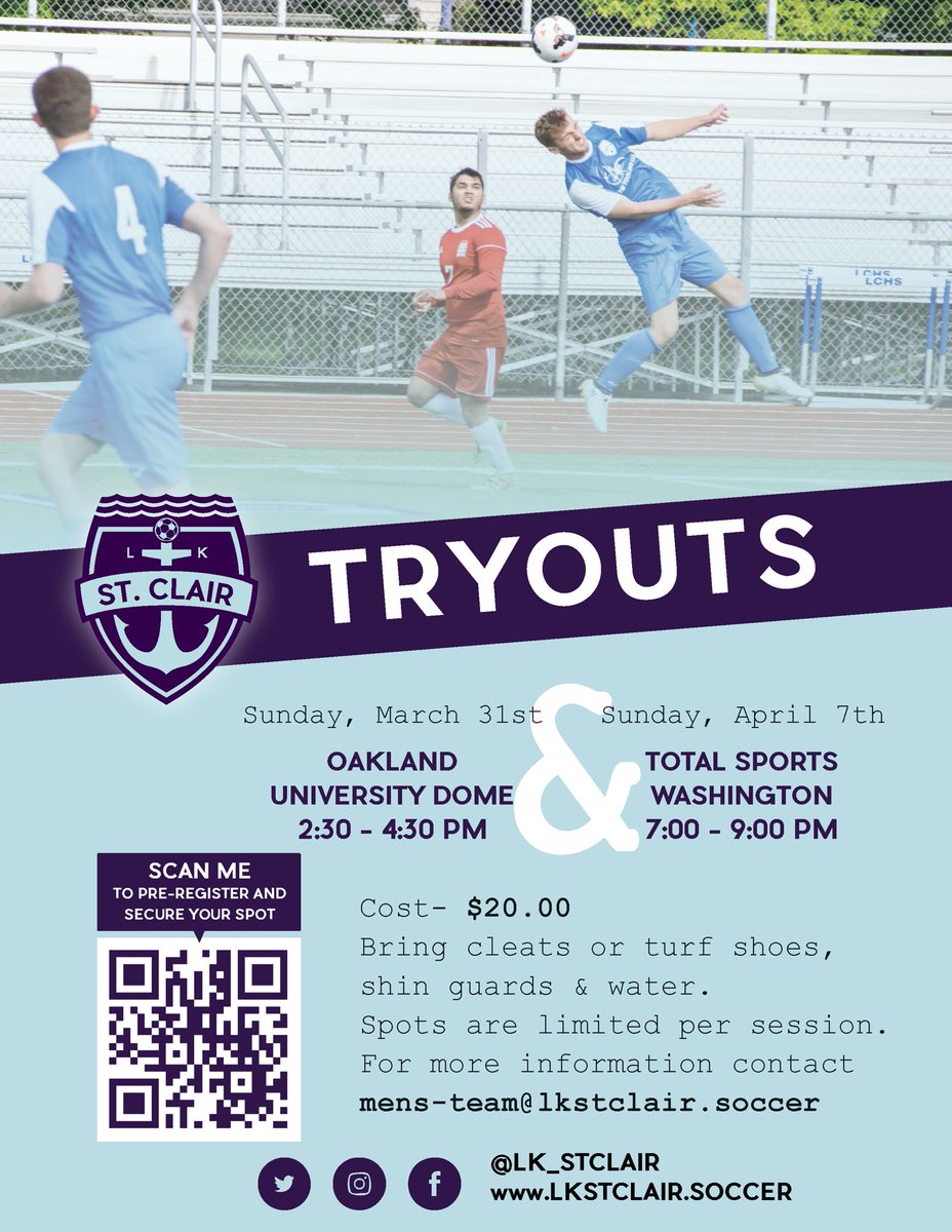 LK_StClair's tweet photo. Last chance to tryout! If you’re ready to play come out tonight 7-9pm⏰ at Total Sports Washington📍Don’t forget to bring your cleats, shin guards, & water 👟💧 We hope to see you there⚽️⚽️⚽️ #lkstclair #soccer #longlivethelake #tryouts #macombcounty #readytoplay https://t.co/RAj5HSh1Bv