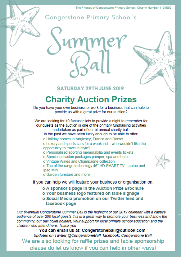 Hi All, the Congerstone Ball is just around the corner! If you or a business you know could sponsor a table, provide an auction or raffle prize then please get in touch.