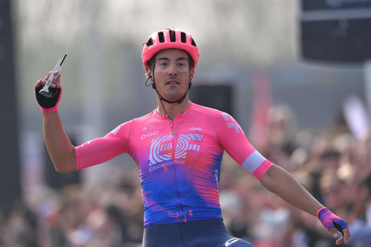 EFprocycling's tweet photo. "I cannot believe it. That was the longest 14km of my life. [...] I think from now you should be looking more at pink at the front." - @AlbertoBettiol, @RondeVlaanderen WINNER (!!!) https://t.co/djgaeJdFno