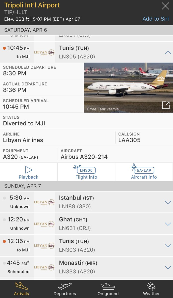 joelmcairo's tweet photo. “The rebels are on the outskirts of the capital and say they have seized Tripoli's [main] airport.” 

Judging by the flight diversions there is indeed something happening at Tripoli Intl Airport #HLLT. Flights diverting to Tripoli Mitiga #HLLM @flightradar24 @steffanwatkins https://t.co/HGxAPmkBSh