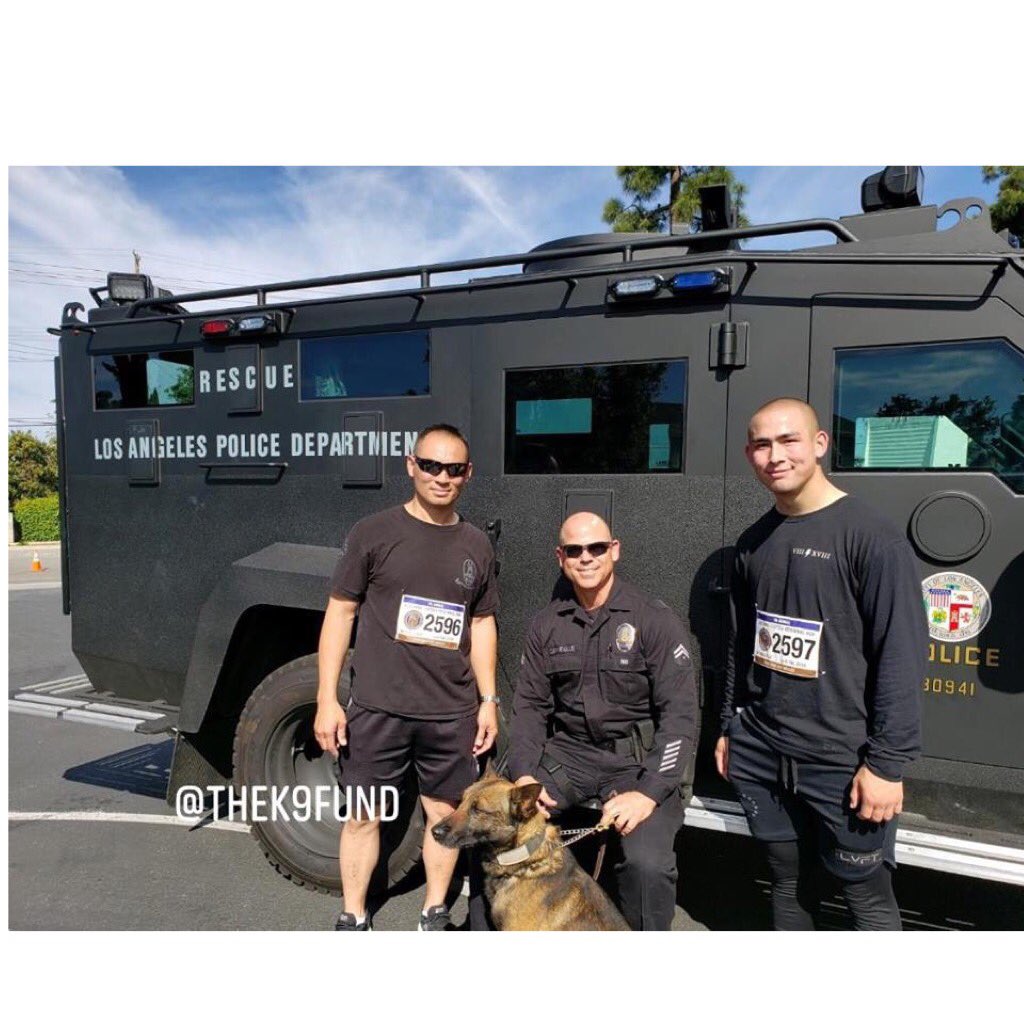 TheK9Fund's tweet photo. Ofcr Carnevale/#K9 Don-Magnum @ 7th Annual R.J. Cottle/Rick Centanni Memorial Run this morning in Yorba Linda. Pic Ret LAPD/Glendale PD Ofcr Tim Anderson, #LAPDK9 Officer Nhut Huynh and his son who is currently and #LAPD Probationer at 77th St. Division. #LAPDFamily #Lapdswat https://t.co/yXVTQ10YgP