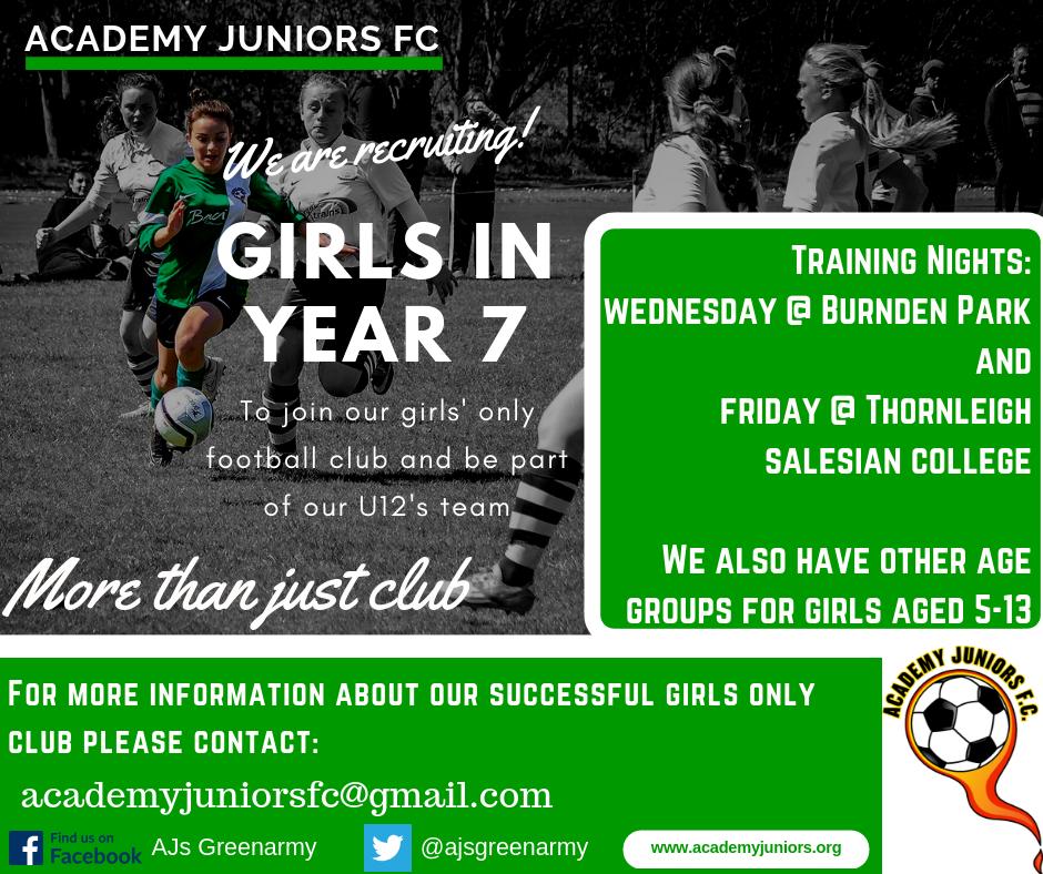 Any girls in years 6 or 7 interested in joining <a href="/ajsgreenarmy/">Academy Juniors FC</a> u12's