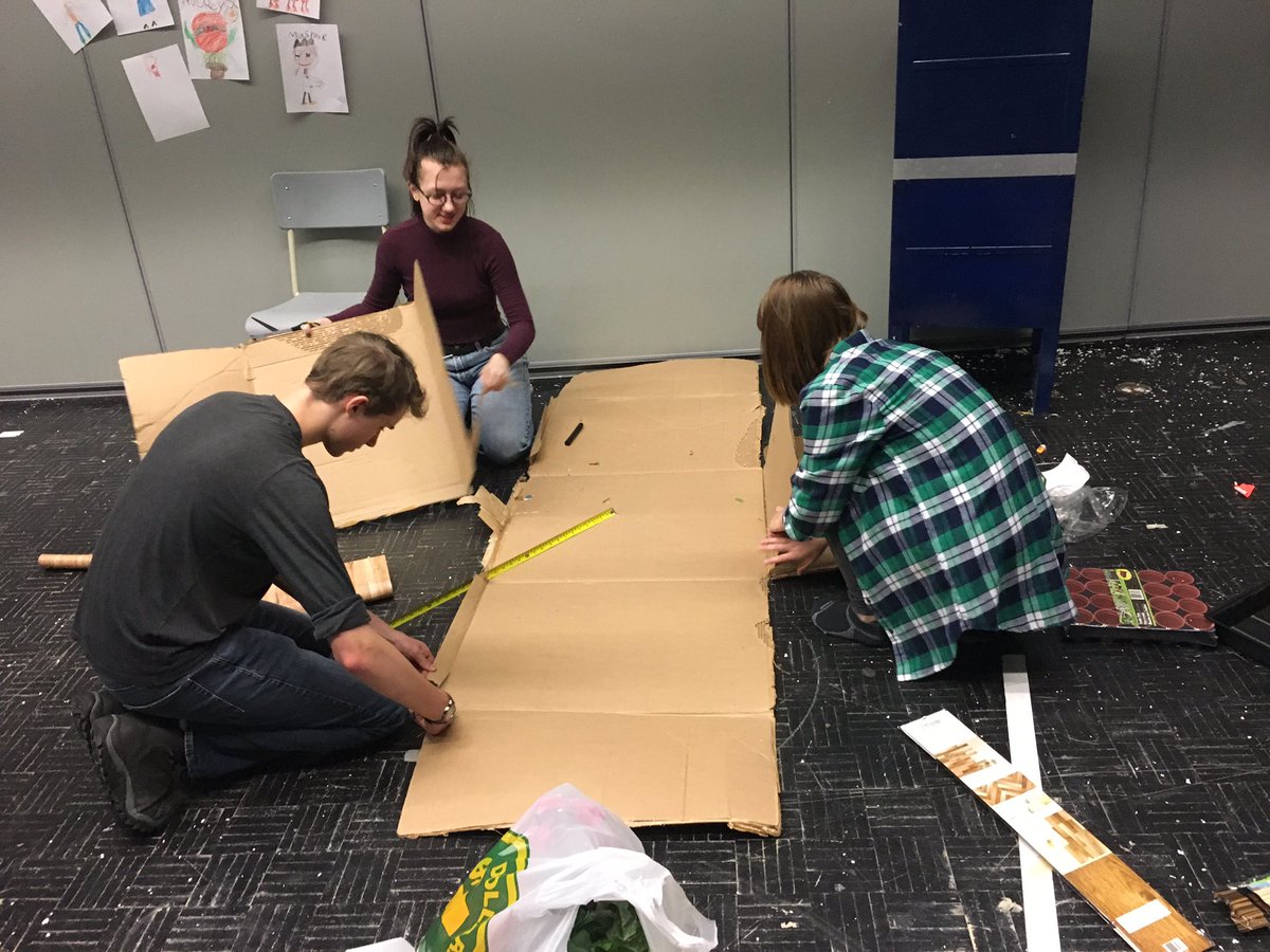MsBudgell's tweet photo. Alec, Audrey, and Kate work on set dressing details for our #sets for Little Shop of Horrors @OttawaCappies @ImmaculataOCSB #whymac #ocsbArts #dontfeedtheplant https://t.co/RBJLjlNgOl