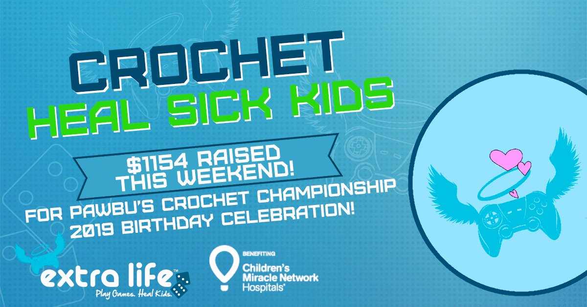 AHareAffair's tweet photo. We OBLITERATED our goals this weekend. $2754 Raised for 2019! Happy Birthday! @Pawbu1 #CrochetChampionship2019 @ExtraLife4Kids @knotbadcrochet @khookcreations @BlackBisector9  @MSPocketNinja  @HyperZenGirl  @gnarlea  bitsybluedesigns @beetleatbay @Lineya_tronic  @PawMomOfficial https://t.co/CezNMYFqMt