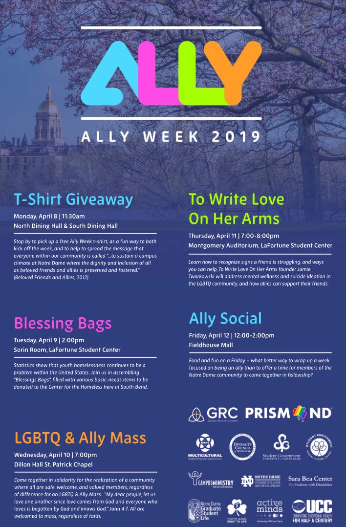 Here’s one more reason to be excited for springtime in South Bend- Ally Week!!!

From speakers to socials, we here at Prism ND can’t wait to see you all at the many upcoming events this week- starting TOMORROW with a free Ally Week t-shirt giveaway in the dining halls🏳️‍🌈