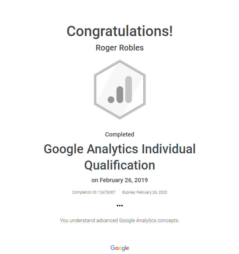 Roger_RoblesJr's tweet photo. Google Analytics Individual Qualification Certification. 
#GoogleAnalytics #planningPrinciples #implementation #dataCollection #configuration #administration #conversionAttribution #reports #metrics #dimensions #googleCertified https://t.co/EaTxTc5hiL