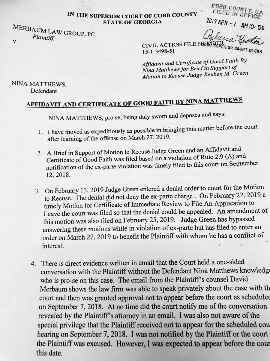 NinaMarie_WB's tweet photo. #JudgeReubenGreen staged false court appearances in #CobbSuperiorCourt to rig up a #falselawsuit 

This is the 4th Recusal filed against this Judge and the court HAS NOT investigated the charges  
#galegal
#gabar 
#gacourts
#CobbCounty
#RebeccaKeaton https://t.co/yLQ8dj9qYy