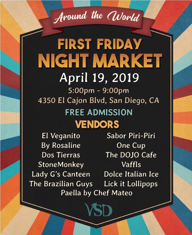 veganinsandiego's tweet photo. Join us APRIL 19 for a special (postponed) #FirstFridayNightMarket at our new temporary location @thedojocafe at the #Fairat44! The #veganparty will be from 5-9pm and there will be one entry point on El Cajon Blvd. Admission is still (as always) FREE! https://t.co/Ke8D4QGd3v