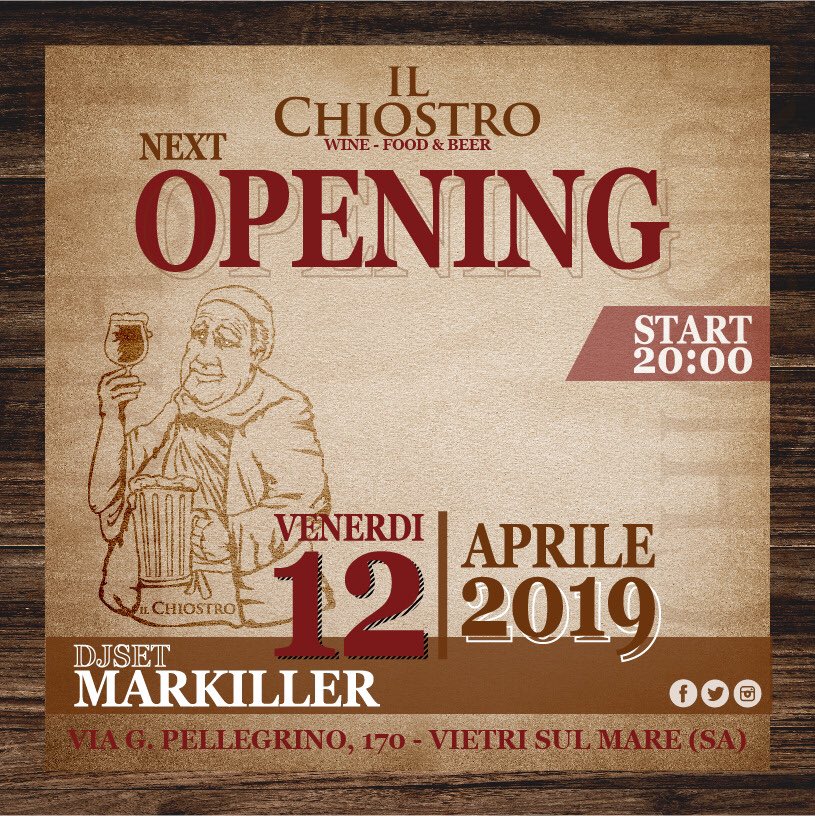dj_markiller's tweet photo. I⃣l⃣  c⃣h⃣i⃣o⃣s⃣t⃣r⃣o⃣

ᑎE᙭T OᑭEᑎIᑎG.. 
Venerdì 12 Aprile 2019 

Djset MARKILLER

#New #Opening #Inauguration
#Wine #Food #Beer #Buffet #Djset
#Markiller #Aperitif #Event #cool 

#IlChiostro 
Via G.Pellegrino 170 ~ VietriSulMare SA https://t.co/hyvTP0JkZR