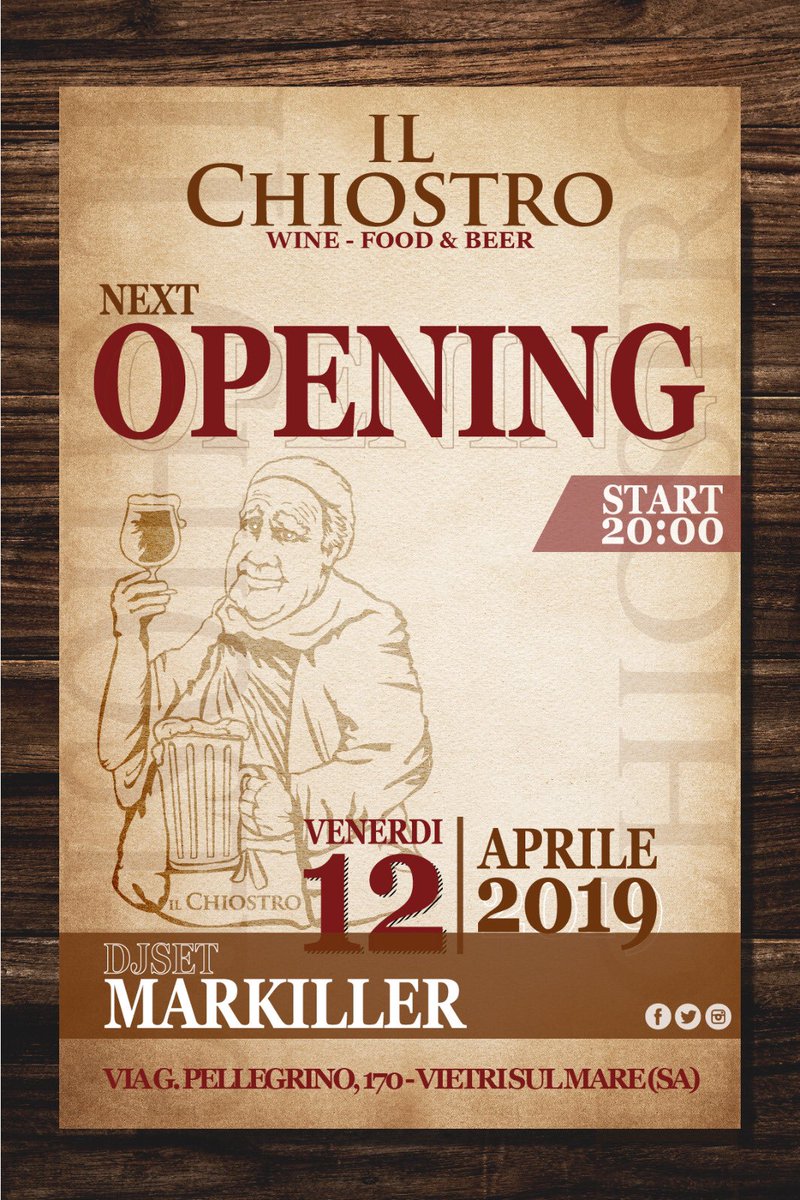 dj_markiller's tweet photo. I⃣l⃣  c⃣h⃣i⃣o⃣s⃣t⃣r⃣o⃣

ᑎE᙭T OᑭEᑎIᑎG.. 
Venerdì 12 Aprile 2019 

Djset MARKILLER

#New #Opening #Inauguration
#Wine #Food #Beer #Buffet #Djset
#Markiller #Aperitif #Event #cool 

#IlChiostro 
Via G.Pellegrino 170 ~ VietriSulMare SA https://t.co/mbndRY61XZ