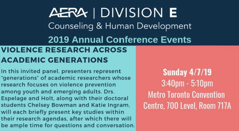 AERA Division E (@aera_dive) on Twitter photo Violence research across generations:
Come hear about how violence research develops across academic generations! Join <a href="/DrDotEspelage/">Dr. Dorothy Espelage</a>, <a href="/MKHolt10/">Melissa Holt</a>, and their students from 3:40pm to 5:10pm - Convention Centre, 700 Level, Room 717A. #AERA19 <a href="/DivE_Grads/">AERA DivE Grads</a> <a href="/BU_bullylab/">BU Bully Lab</a> Violence research across generations:
Come hear about how violence research develops across academic generations! Join <a href="/DrDotEspelage/">Dr. Dorothy Espelage</a>, <a href="/MKHolt10/">Melissa Holt</a>, and their students from 3:40pm to 5:10pm - Convention Centre, 700 Level, Room 717A. #AERA19 <a href="/DivE_Grads/">AERA DivE Grads</a> <a href="/BU_bullylab/">BU Bully Lab</a>