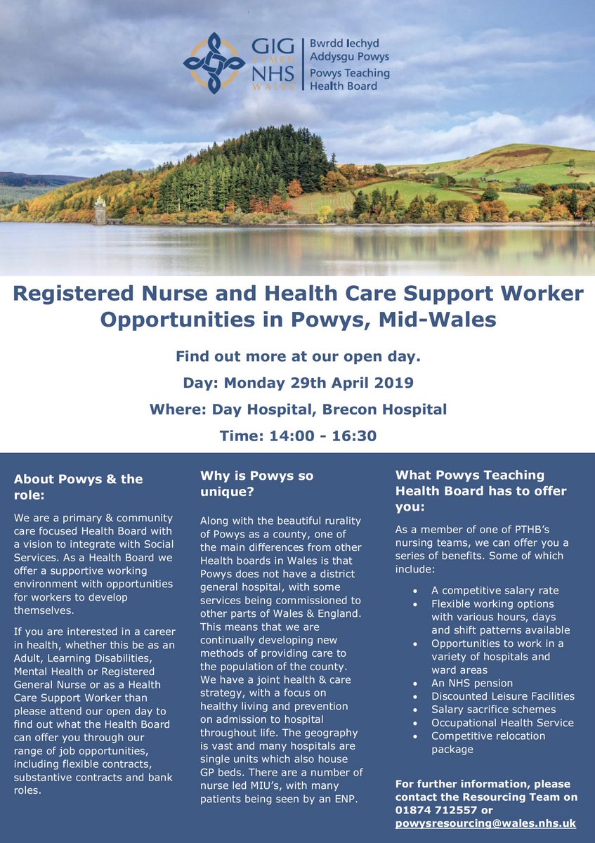 We have great opportunities for registered nurses and health care support workers here in our supportive, friendly team in Powys.

Come along to our Open Day at Brecon Hospital LD3 7NS between 2pm and 4.30 pm on Monday 29th April.

#TrainWorkLive #TeamPowys