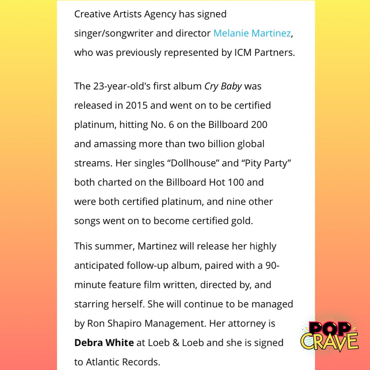 .@MelanieLBHH has signed with CAA for representation. 

She will release the follow up to her ‘Cry Baby’ album with a coinciding feature-length film written, directed, and starring the singer this summer.