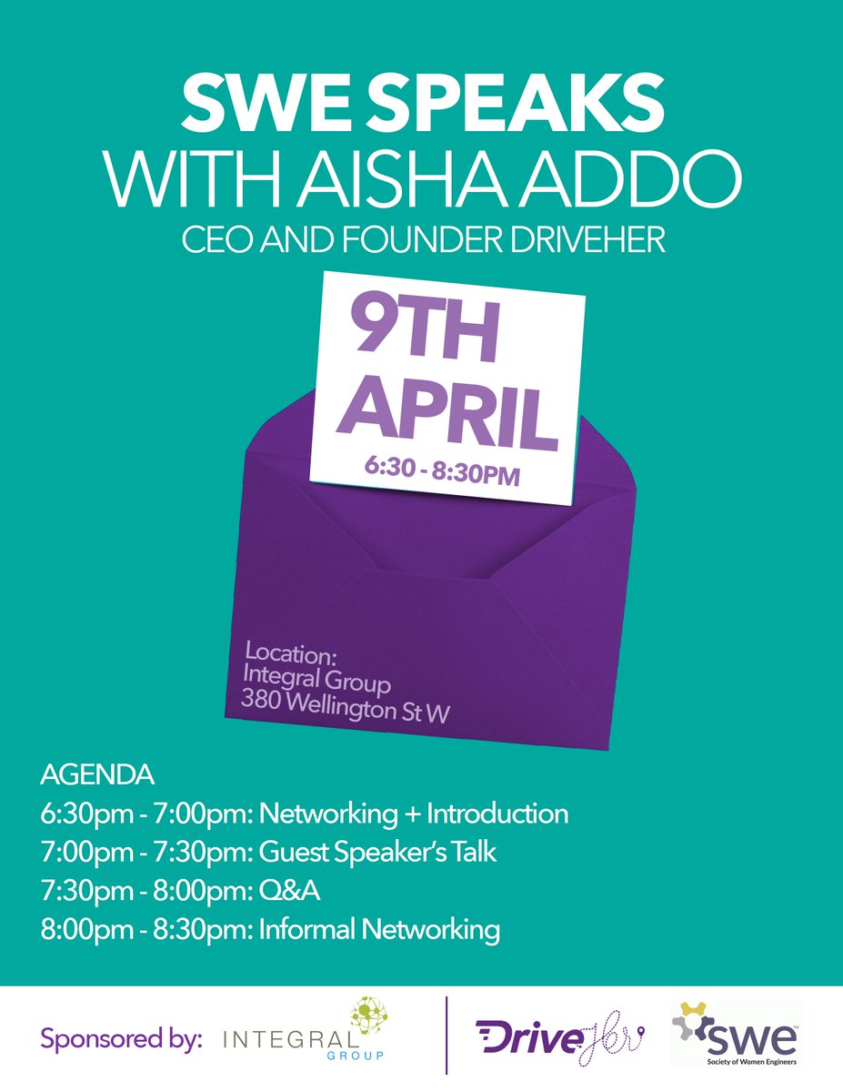 Get ready to be inspired by Aisha's entrepreneurial journey this Tuesday evening!

Come out and enjoy enlightening discussions and show your support for female empowerment and DriveHER.

Get your FREE tickets now: eventbrite.ca/e/swe-speaks-a…