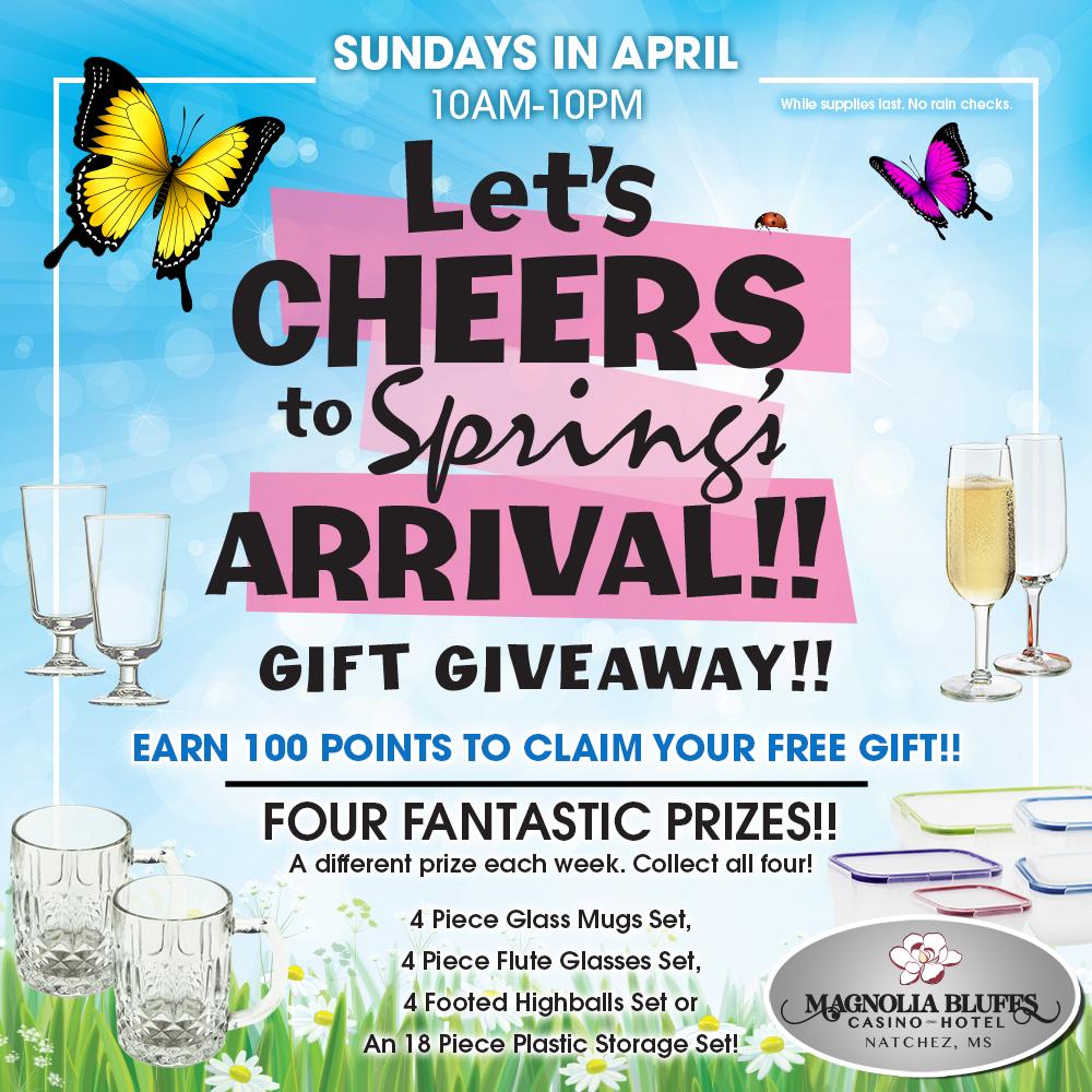 magnoliabluffs's tweet photo. LET'S CHEERS🥂 TO SPRING'S ARRIVAL!!🌷�� GIFT GIVEAWAY! EVERY SUNDAY in April!🦋 10AM-10PM Earn 100 points to claim a different prize each week! #prizegiveaway #glassware #plasticstorage #spring #cheers #magnoliabluffscasino https://t.co/VvT3YhlLvm