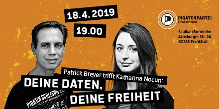 PiratenHessen's tweet photo. Dir hat der #Debattendienstag im @mfk_frankfurt zum Thema #Datenschutz mit @kattascha gefallen? Dann verpass nicht am 18.04. das Treffen von #Ehrenbot @echo_pbreyer und Kattascha: "Deine Daten, Deine Freiheit". Alle Infos: https://t.co/PrgAFRpwh9 #SaveYourInternet #LebenX0 /AK https://t.co/gLcx9S1Fi4