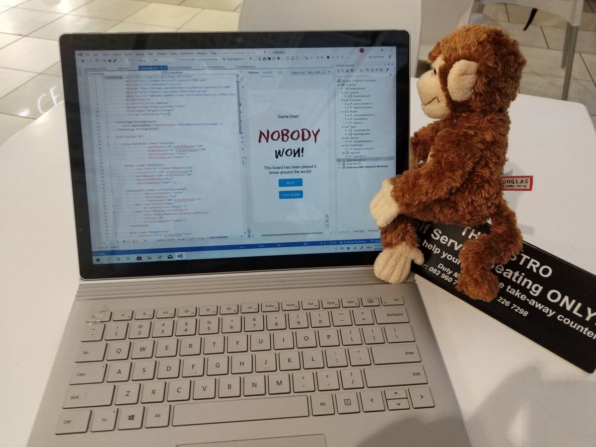 mattleibow's tweet photo. @adpead @MSCraftsman @4Afrika You mean this one? The guy keeping an eye on me as I use @cosmosdb in a #XamarinForms mobile app? The little dude staring at the awesome custom fonts and design-time data in the #previewer? That monkey? https://t.co/fL13lLcm8b