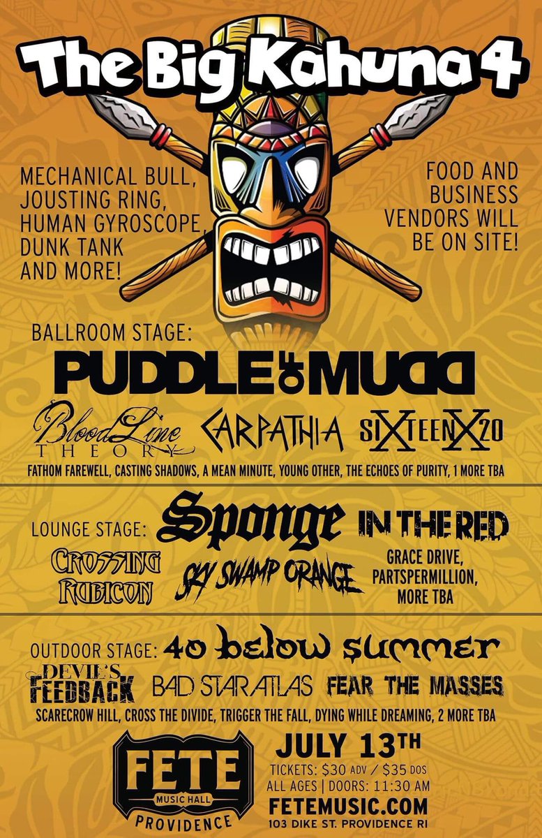 band_carpathia's tweet photo. #BigKahuna2019 announced🤘🏼

#BloodlineTheory  @SIXTEENX20 @afathomfarewell @Shadows_Casting #AMeanMinute @Young_Other #TheEchoesOfPurity #Sponge #InTheRed @SkySwampOrange @RubiconCT #GraceDrive #Partspermillion #40belowsummer #DevilsFeedback @BadStarAtlas @Fearthemassband &amp; more! https://t.co/wMp1qIBzye