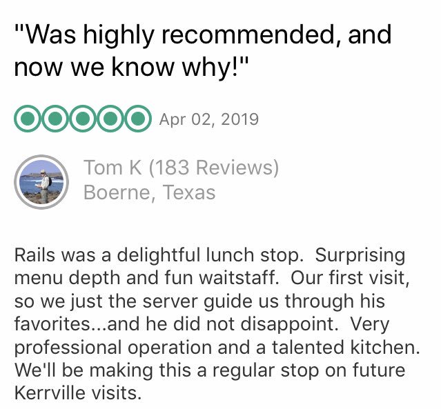 RailsCafe's tweet photo. Thank you Tom K for the 600th review of the Sleepy Side of Rails! And thank you, Trip Advisor for making us #1 in Kerrville! #railsfamilyofbusinesses #sleepysideofrails #guesthouse 
 #hillcountry #hillcountrygetaway #kerrville https://t.co/4kIgbb3Gy7