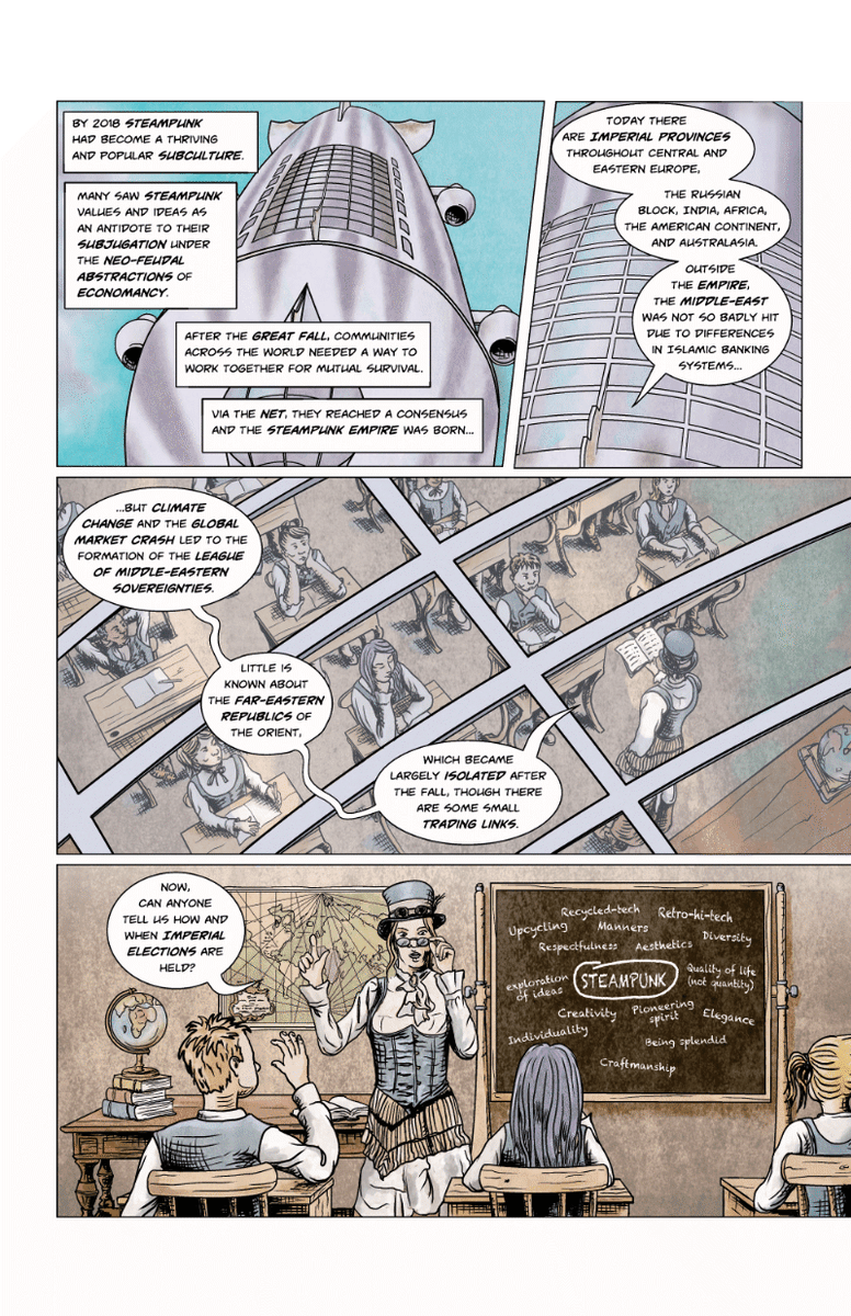 Economicon3's tweet photo. Here's page 3 of the graphic novel  "Steampunk Empire - The Cult of the Economicon" created &amp; written by  me &amp; Illustrated by Quick Draw Windlestraw. Watch out for page 4 coming soon! 
But who is this Quick Draw Windlestraw!???  #steampunk #comicbooks #GraphicNovel https://t.co/FxpCO7cu3n