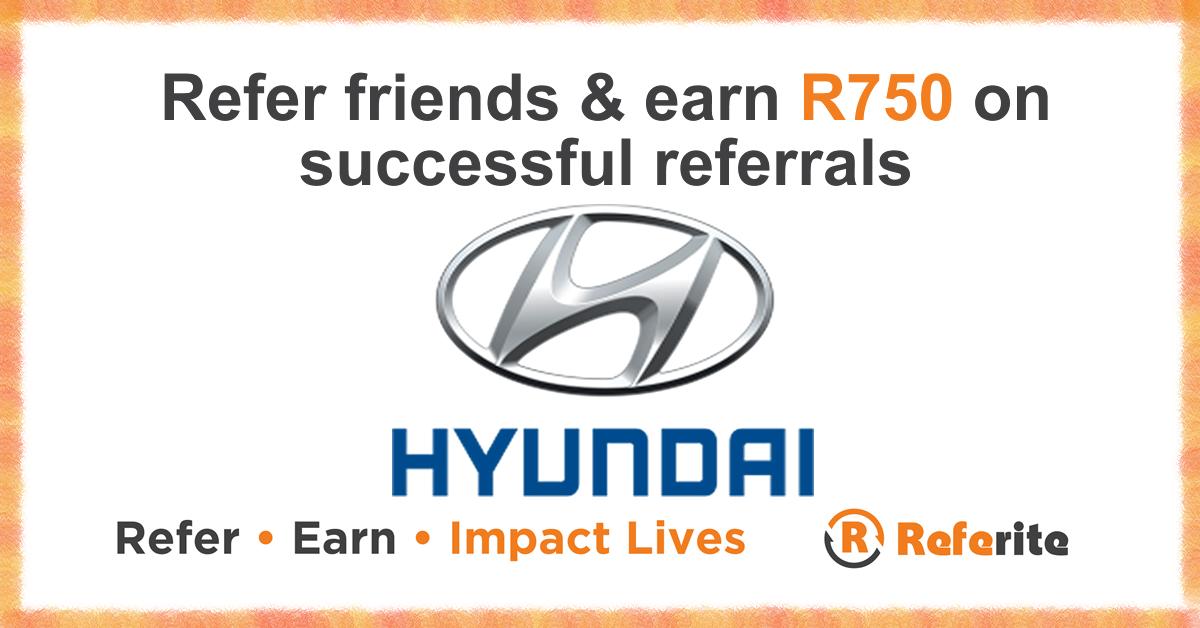 Referite's tweet photo. Refer friends and family to Hyundai Fourways via @Referite and earn R750 on all successful referrals!
visit https://t.co/Ugc0XtLPeZ 
#ReferAndEarn #Referite #ImpactLives #Hyundai https://t.co/3EXgq9V2Ez