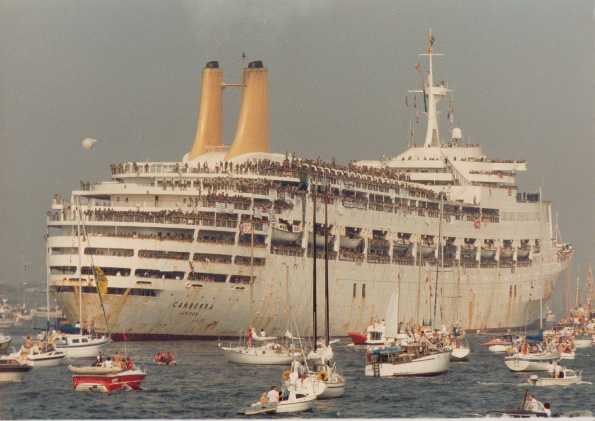 First, some catching up to do: The requisition order for SS Canberra (pictured here on her return), which was to become one of the main troopships. Canberra had been on a cruise in the Mediterranean at the time of the invasion. She hastily returned to Portsmouth.