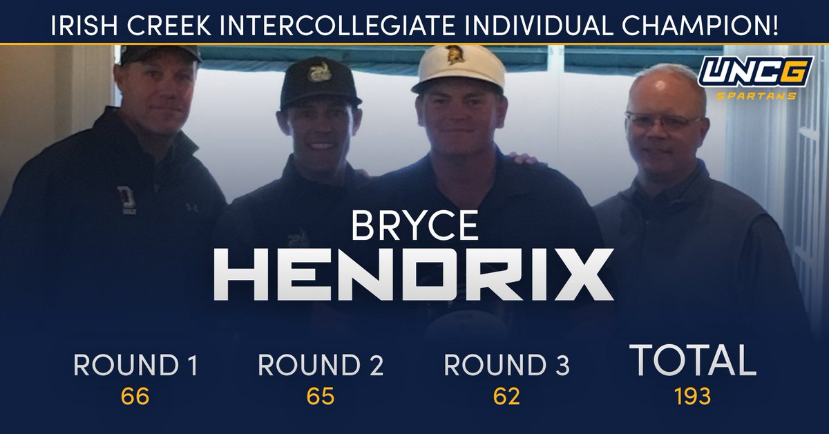 uncgspartans's tweet photo. Make it 3️⃣ tournament victories for @UNCGMGolf this year, as the Spartans on Sunday ended the Irish Creek Intercollegiate in first place at 18-under while senior Bryce Hendrix set numerous individual records! #letsgoG
Recap: https://t.co/5P5EhxZ9W5 https://t.co/XtlwzSxcZs