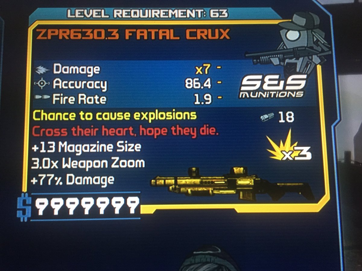 connorMVP2's tweet photo. @Joltzdude139 Is this any good 18 shots (271x7 damage and +77% damage at the bottom near the money, still using this at level 69 ?? https://t.co/FxiKzKMEfk