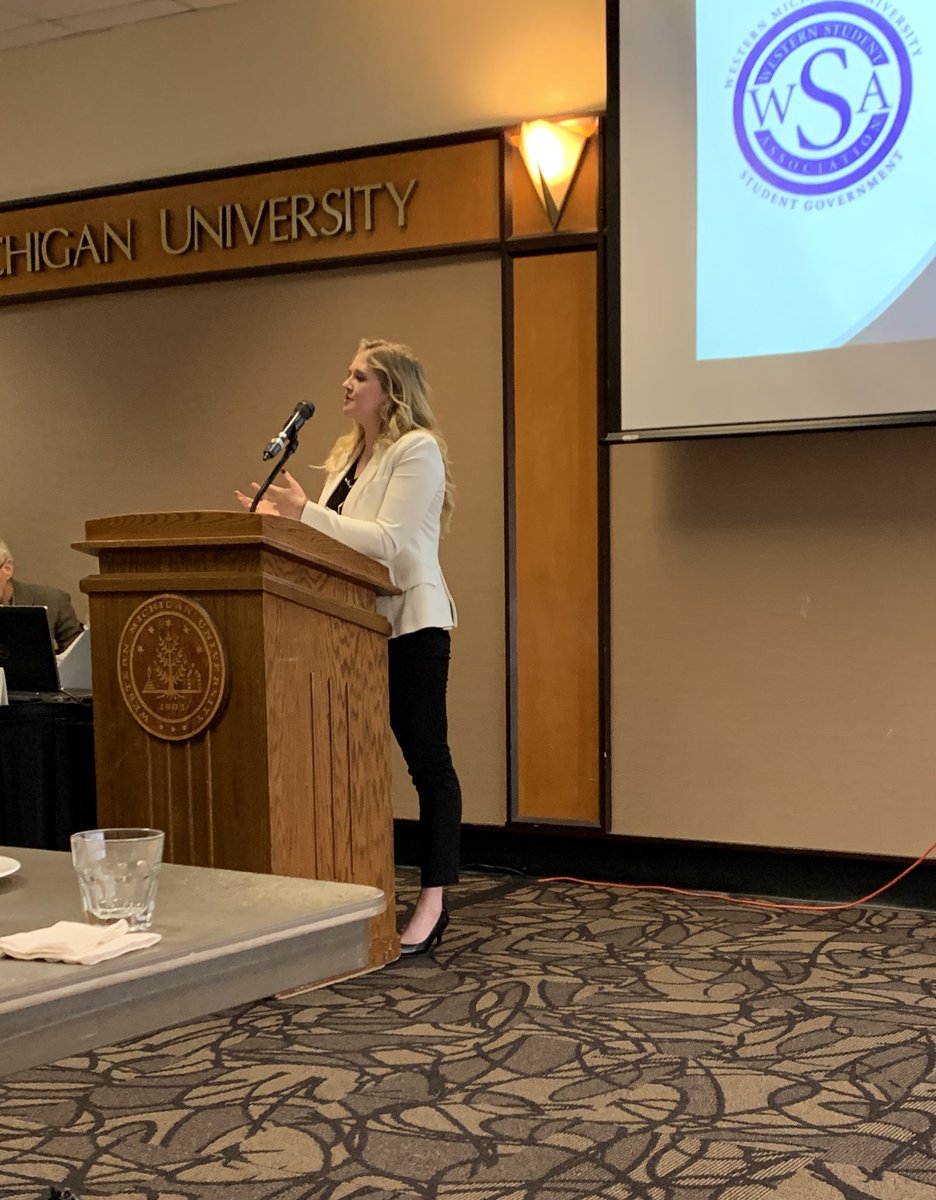 WSA_President's tweet photo. Glad me and Jessica were able to give our last remarks at Faculty Senate this past Thursday! We presented the Year in Review of WSA and on the topic of textbooks costs. https://t.co/uGNd1b8QWe