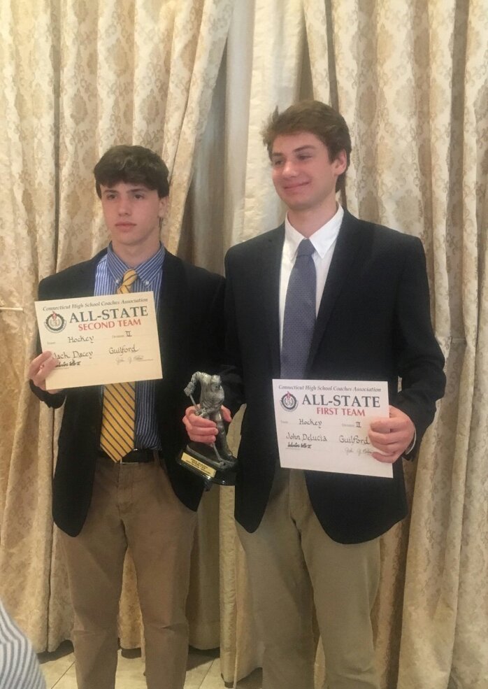 lmvl101's tweet image. Congrats to @guilford_hockey Senior Captain and school point record holder (270) John DeLucia receiving D2 Player Of The Year recognition at the All State Banquet this afternoon.  
Jack Dacey repping the 2nd team.
Great Job guys! 
#cthk