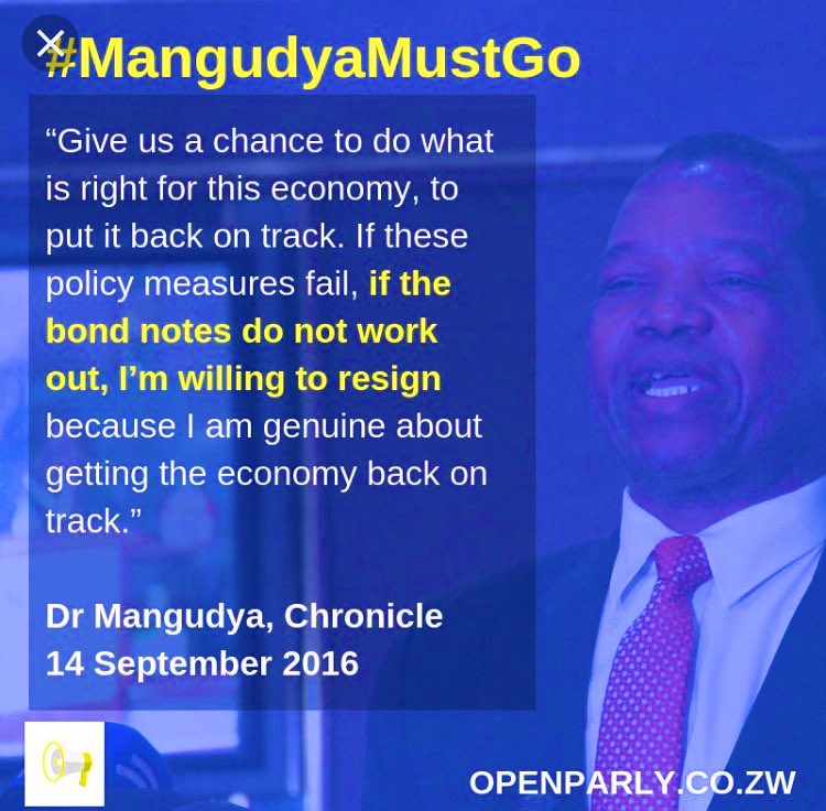 advocatemahere's tweet photo. RETWEET if you remember Mangudya declaring on the 14th of September 2016 that he would resign if the bond note failed! #HowTheyRobbedUs https://t.co/6QPXtQnT07